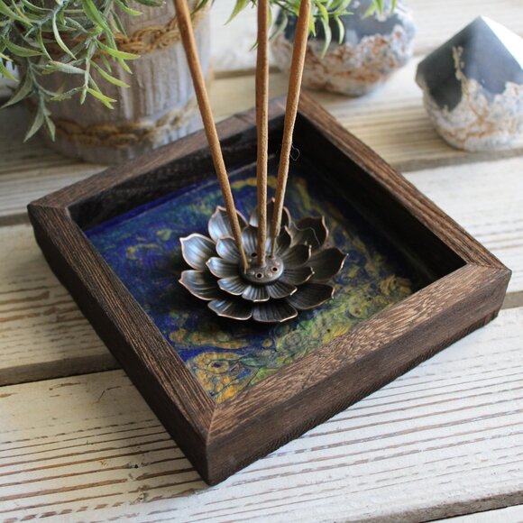 Incense Holder - Lotus  Hand Painted Wood Blue W/Gold - Picture 1 of 4